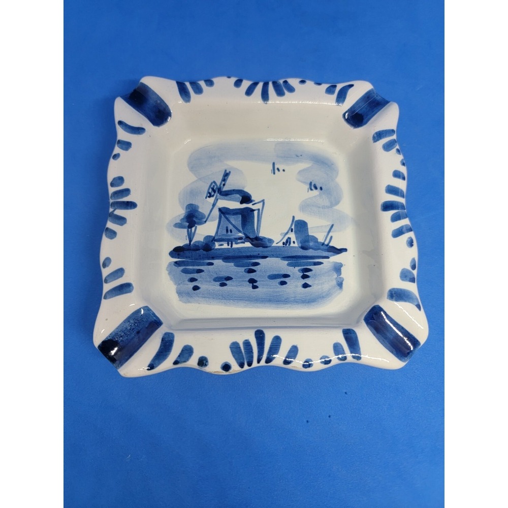 Vintage Delfts Holland Blue Square Ashtray Trinket Dish Handpainted Windmill